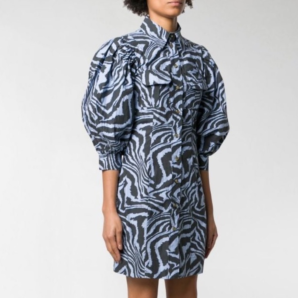 GANNI blue zebra button up puff sleeve mini shirt dress